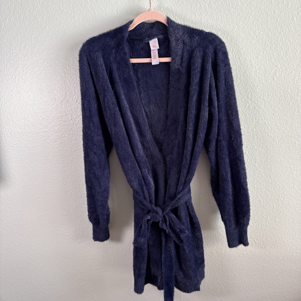 Fenty Savage Fluff It Up Robe Belted Navy Blue Knee Length Fuzzy Faux Fur Sz M/L